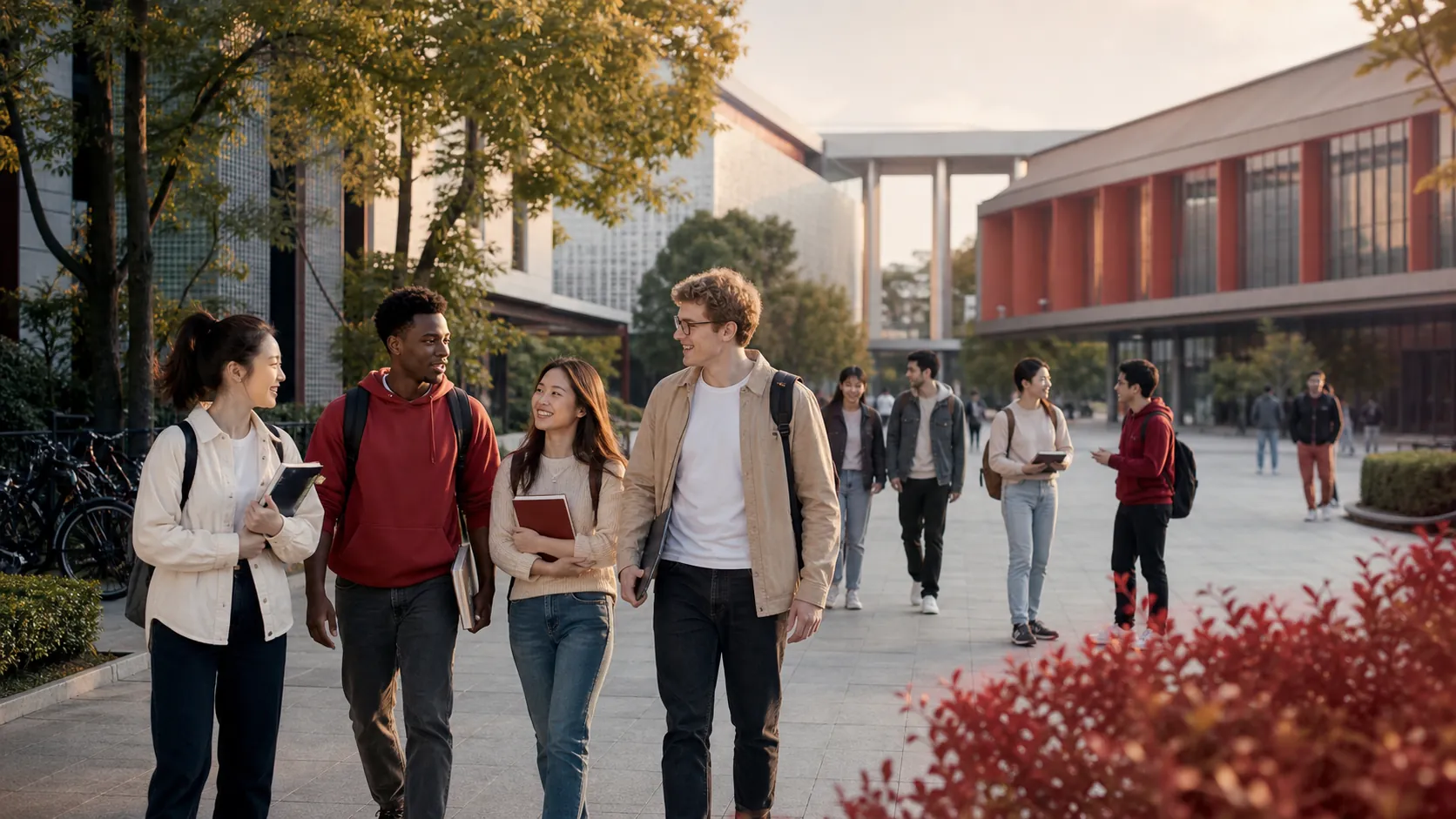 International students walking together on a modern university campus in China