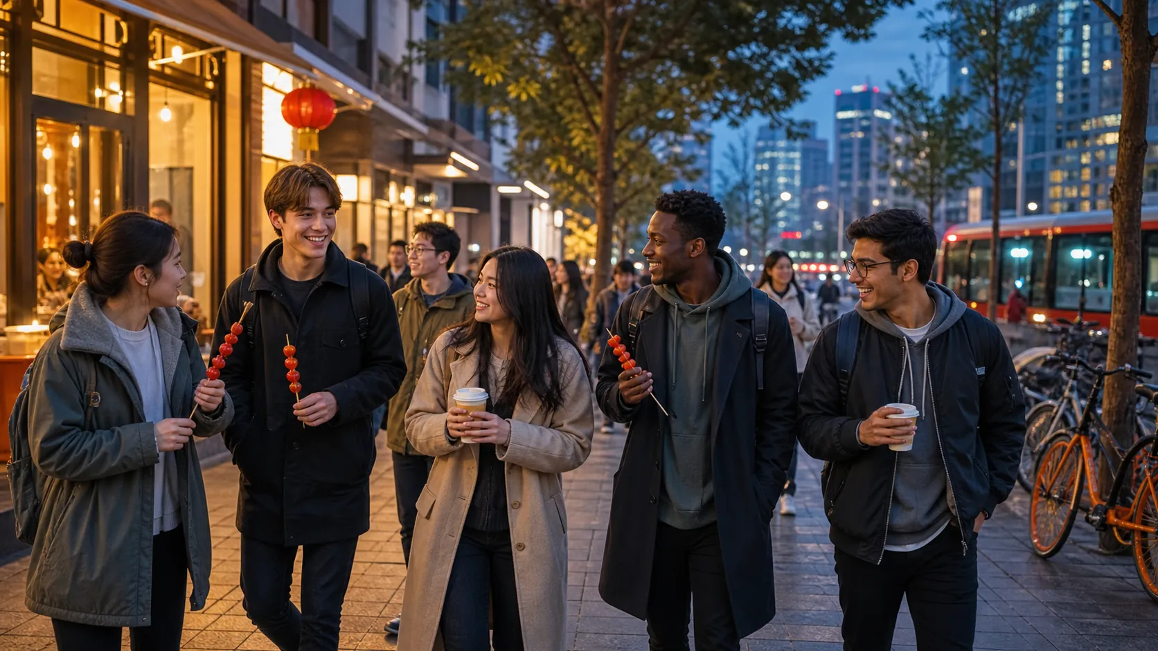 International students enjoying an evening in a Chinese university district